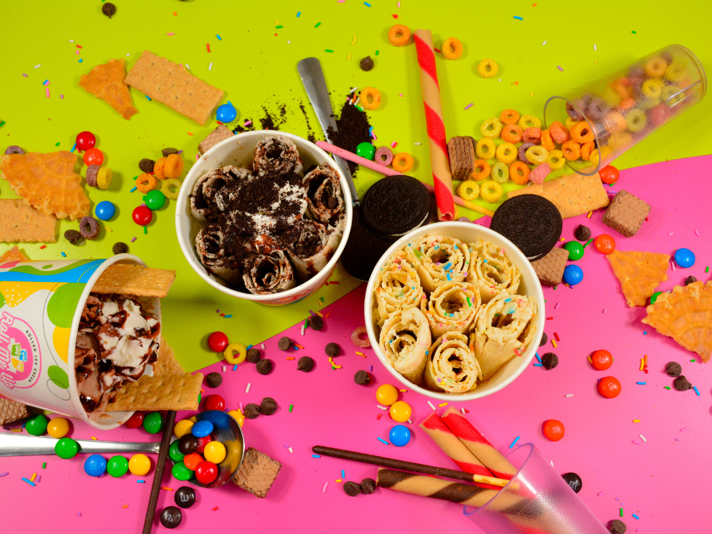 Rolled ice cream topped with fresh ingredients