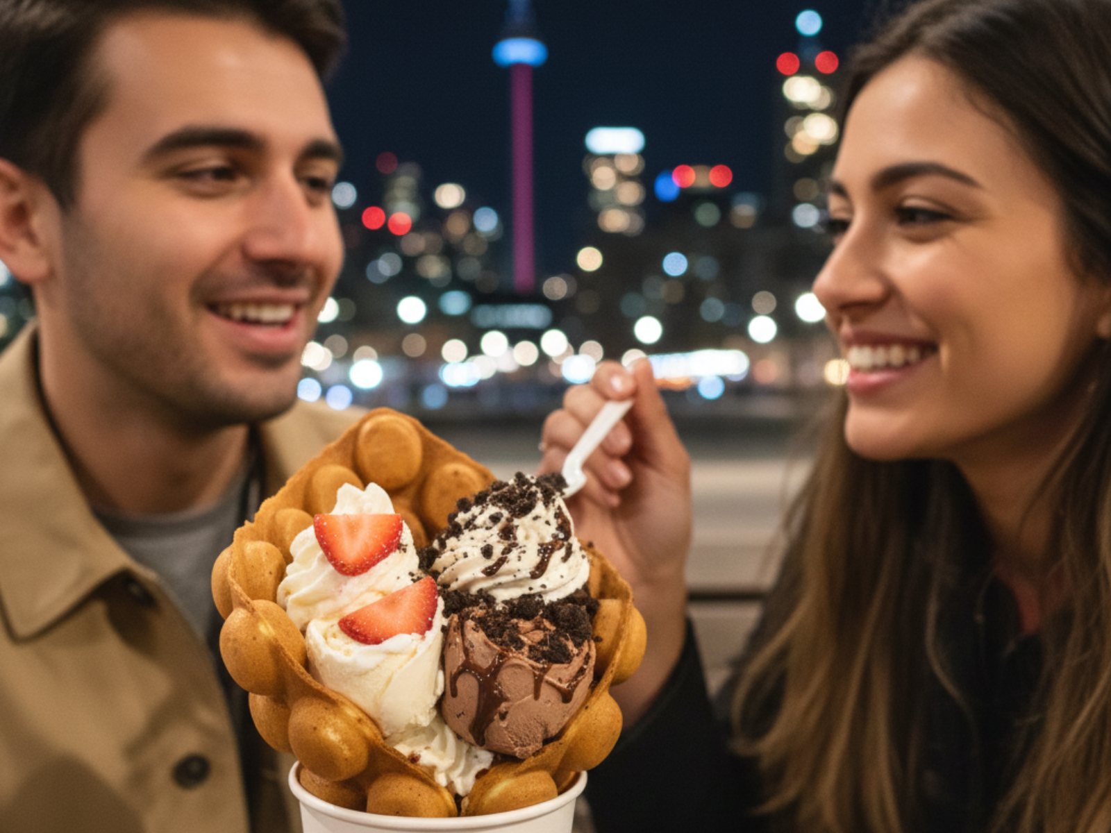 Bubble waffle filled with ice cream, toppings and drizzle