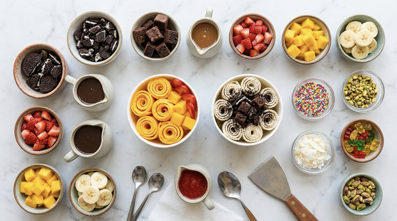 Custom rolled ice cream with mango base and fresh fruit