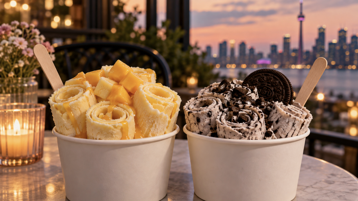 Two cups of rolled ice cream, mango and cookies and cream, on a candlelit table with the Toronto skyline at sunset