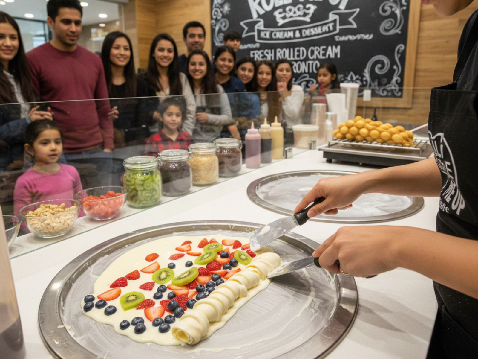 Fresh rolled ice cream being made live on a frozen pan