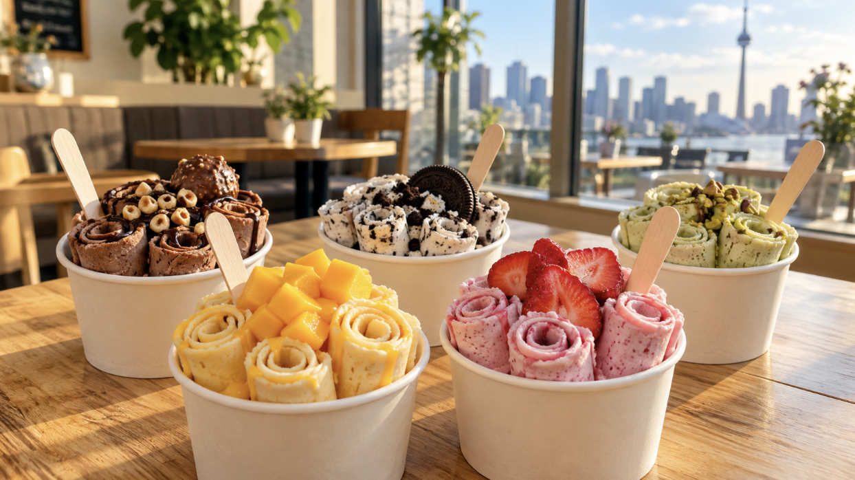 Five cups of rolled ice cream in different flavours on a shared table with the Toronto skyline in the window