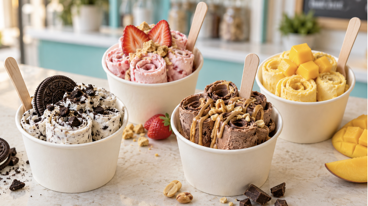 Cups of rolled ice cream in cookies and cream, strawberry, chocolate peanut butter, and mango flavours