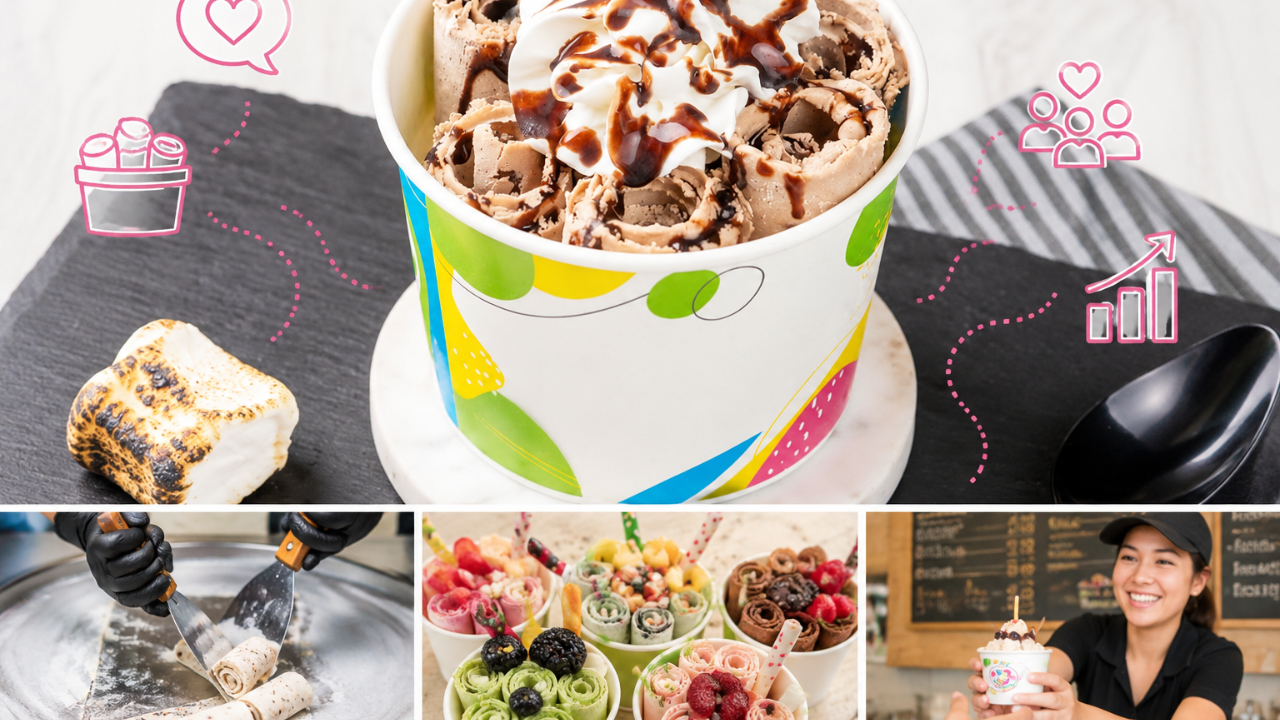 Rolled ice cream cups, fresh rolls being lifted from the pan, and a team member serving a finished dessert