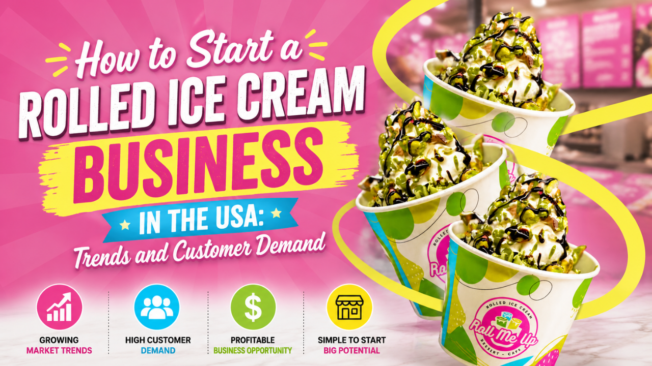 Stacked cups of rolled ice cream beside icons for market growth, customer demand, and business opportunity