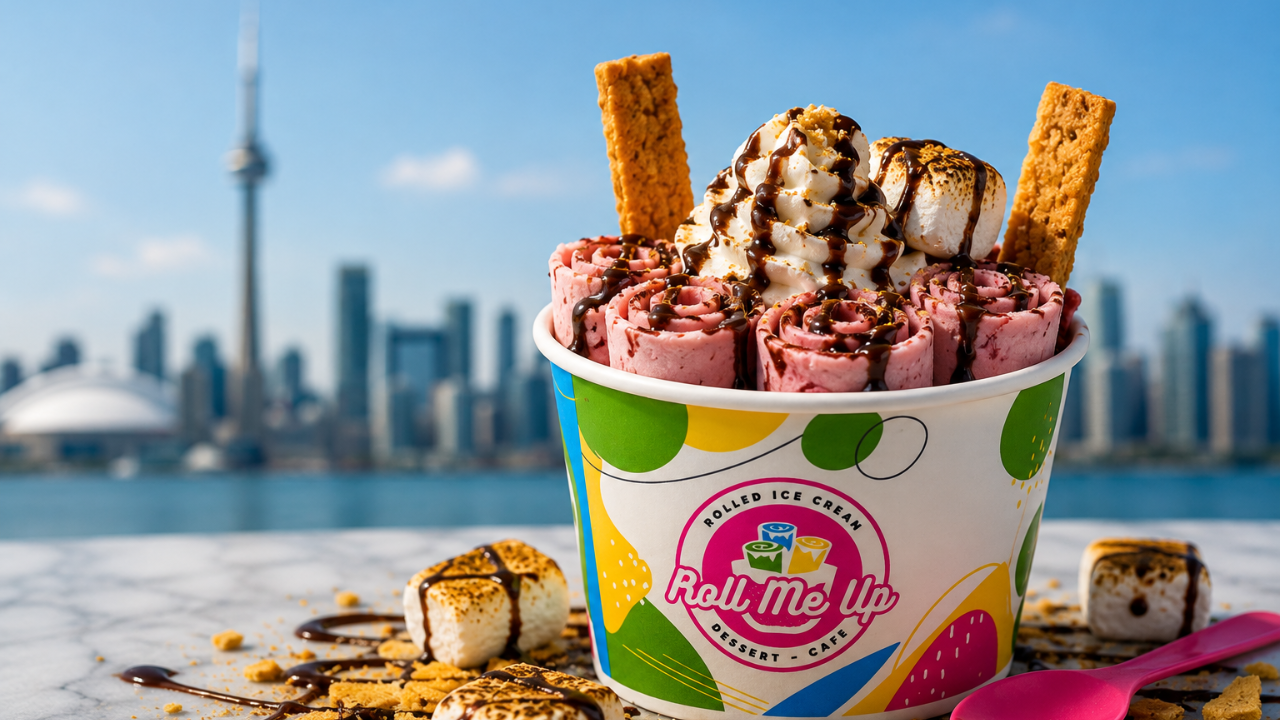 Fresh rolled ice cream cup topped with toasted marshmallows in front of the Toronto skyline on a summer day