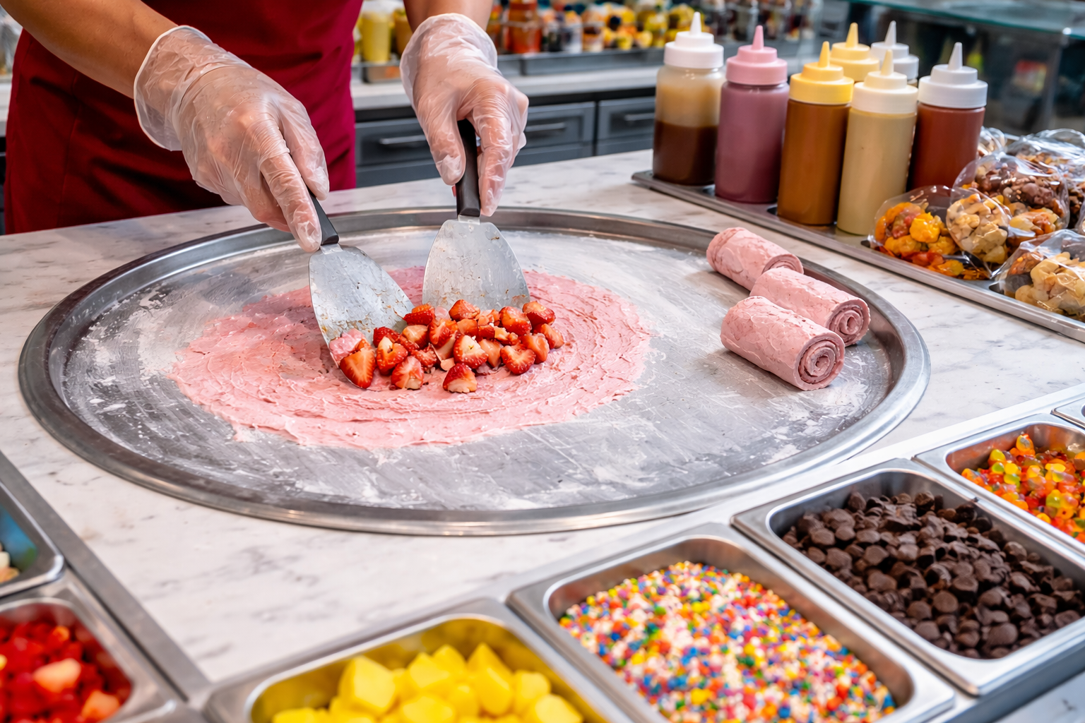 Concept image — rolled ice cream being made live on a cold plate with colorful toppings